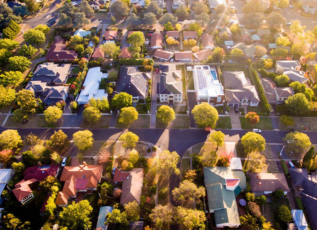 Downers Grove, IL - Aerial View of a Green Leafy Suburb at Sunset in Illinois